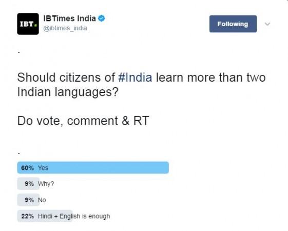 International Business Times India conducted a Twitter poll, asking users whether citizens of India should learn more than two Indian languages. Language poll