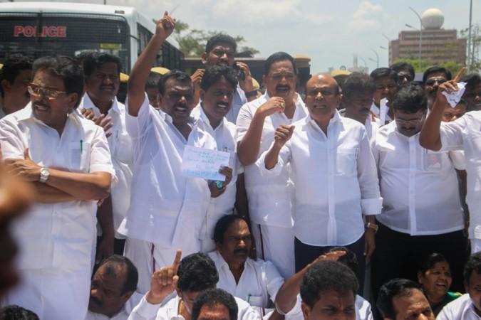 DMK legislators led by MK Stalin who were sent out of the Tamil Nadu assembly after they demanded a discussion on a television channel sting alleging money was paid for ruling party legislators to vote for Chief Minister K. Palaniswami stage a demonstration in Chennai MK Stalin, DMK