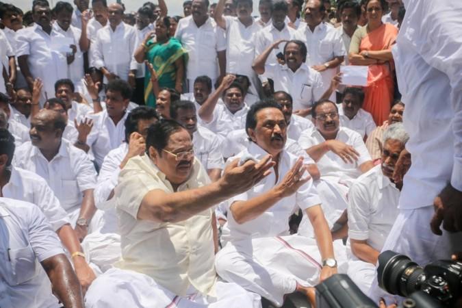 DMK legislators led by M. K. Stalin who were sent out of the Tamil Nadu assembly after they demanded a discussion on a television channel sting alleging money was paid for ruling party legislators to vote for Chief Minister K. Palaniswami stage a demonstration in Chennai MK Stalin, DMK