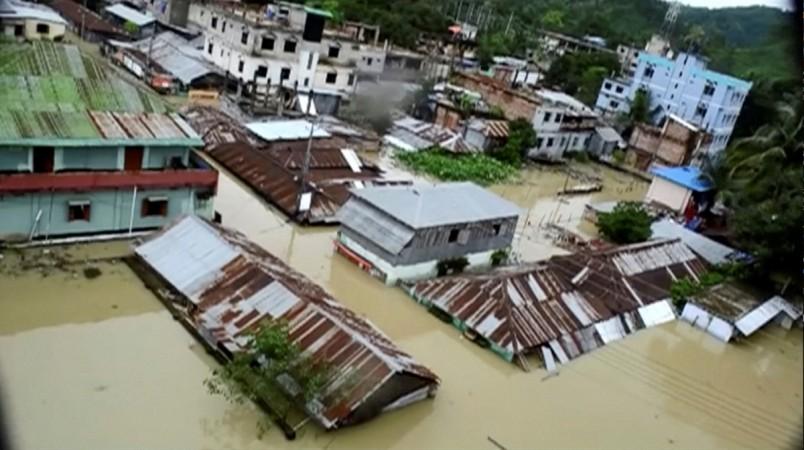 An aerial view showing the town half-submerged in floodwaters following landslides triggered by heavy rain in Khagrachari, Bangladesh, in this still frame taken from video June 13, 2017. Bangladesh landslide