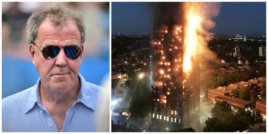 Jeremy Clarkson (L), Grenfell Tower in West London (R) Jeremy Clarkson helps the London fire victims