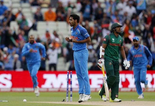 Bhuvneshwar Kumar celebrates the wicket of Soumya Sarkar, June 15, 2017 Bhuvneshwar Kumar, India, Soumya Sarkar, Bangladesh, Ct 2017 semifinals