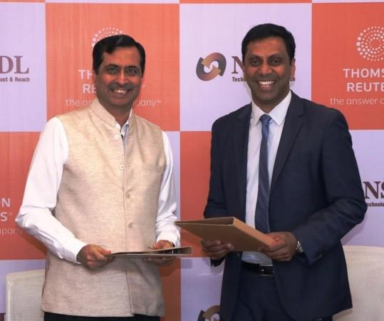 Gagan Rai (left), MD and CEO, NSDL e-Gov, and Pradeep Lankapalli, Managing Director, Thomson Reuters South Asia. gst, gst nsdl, gst thomson reuters, nsdl e governance, gst nsdl services