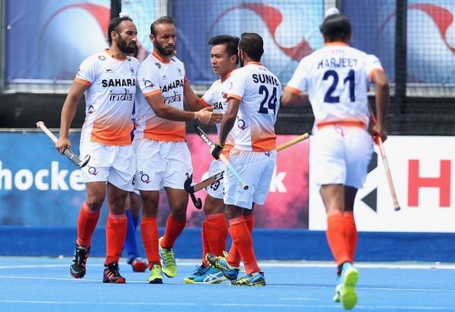 India players celebrate a goal against Scotland, June 15, 2017 India, Ramandeep Singh, Sardar Singh, Hockey World League Semifinal
