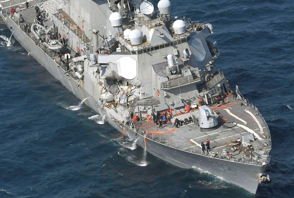 The Arleigh Burke-class guided-missile destroyer USS Fitzgerald. damaged by colliding with a Philippine-flagged merchant vessel. is seen off Shimoda, Japan in this photo taken by Kyodo June 17, 2017. The Arleigh Burke-class guided-missile destroyer USS Fitzgerald. damaged by colliding with a Philippine-flagged merchant vessel. is seen off Shimoda, Japan in this photo taken by Kyodo June 17, 2017.