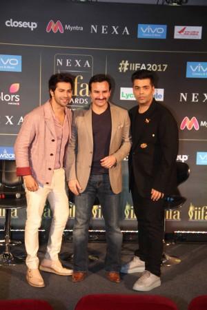 Varun Dhawan, Saif Ali Khan and Karan Johar at IIFA 2017 press conference IIFA 2017