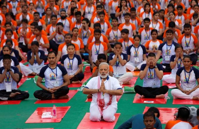 Indian Prime Minister Narendra Modi performing yoga on International Yoga Day in Lucknow, Uttar Pradesh on June 21, 2017. Modi yoga, International Yoga Day
