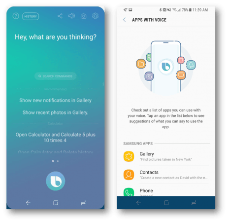 Bixby Voice preview screenshots. Bixby Voice