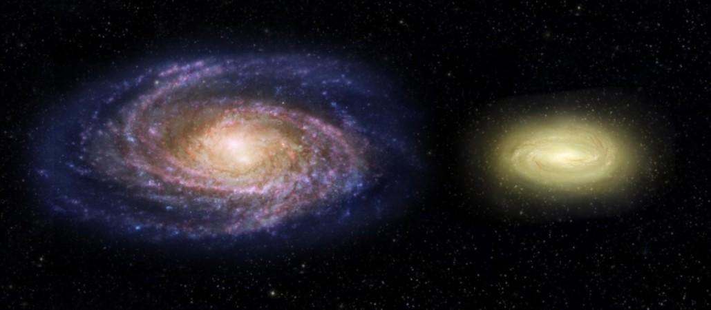 This artist's concept shows what the young, dead, disk galaxy MACS2129-1, right, would look like when compared with the Milky Way galaxy, left. Although three times as massive as the Milky Way, it is only half the size. MACS2129-1 is also spinning more than twice as fast as the Milky Way. Note that regions of Milky Way are blue from bursts of star formation, while the young, dead galaxy is yellow, signifying an older star population and no new star birth. nasa, Dead disk galaxy, Milky Way, galaxy, space,