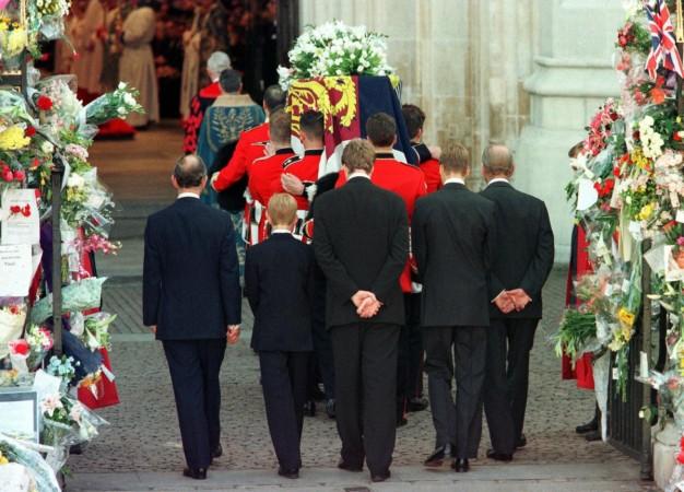 Prince Charles, Prince Harry, Earl Spencer, Prince William and the Duke of Edinburgh (L to R) follow the coffin of Diana, Princess of Wales, as it is being carried into Westminster Abbey for a funeral service 06 September. Hundreds of thousands of mourners lined the streets of London to watch the funeral procession. The Princess died in a car crash in Paris 31 August Princess Diana funeral