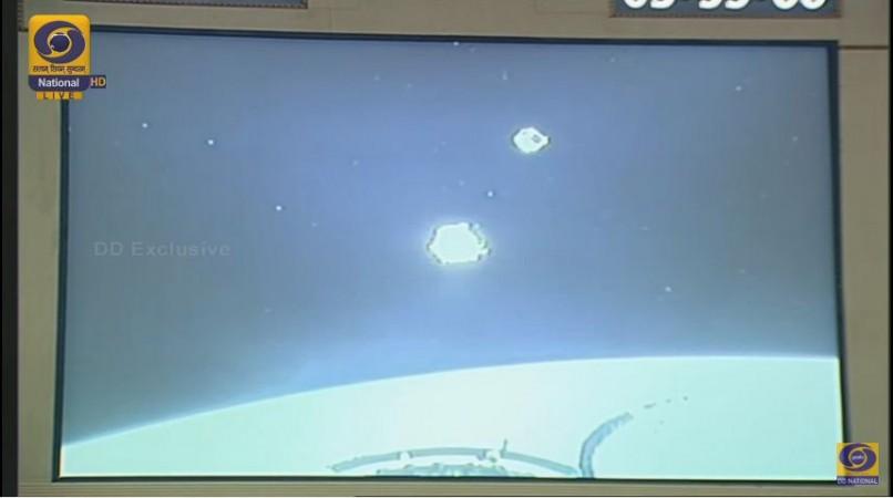 Cartosat and NIUSAT separated from NIUSAT, as seen from the PSLV-C38. Cartosat and NIUSAT