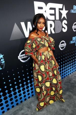 Jennie Jenkins in her multi-coloured off shoulder dress. Jennie Jenkins