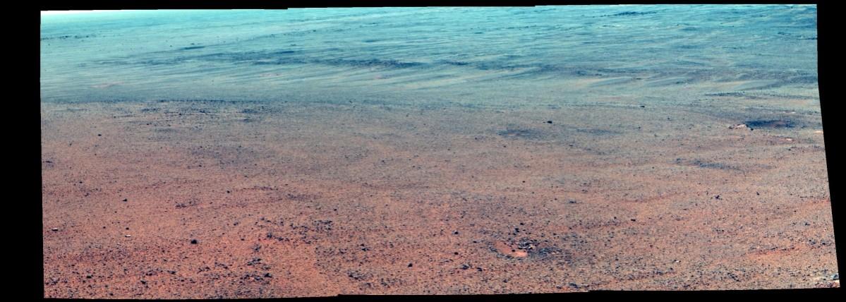 The Pancam on NASA's Mars Exploration Rover Opportunity took the component images of this enhanced-color scene during the mission's nasa