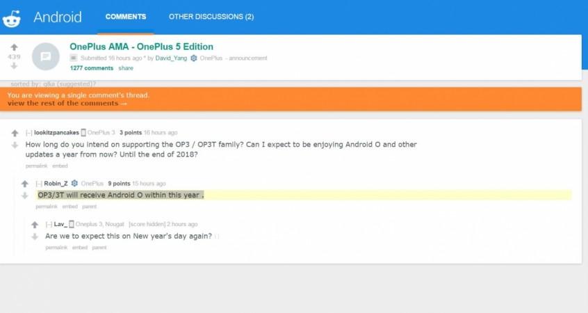 OnePlus 3, 3T series will get Android O update before year-end, confirms company OnePlus 3, Reddit, OnePlus 3T, Android O, update, OnePlus, session, OnePlus 5