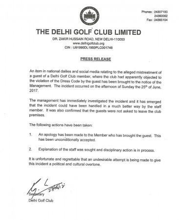 Press Release by the Delhi Golf Club apologising for the mistake. Delhi Golf Club