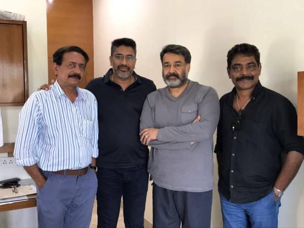 Odiyan team scriptwriter Harikrishnan, director VA Shrikumar Menon, superstar Mohanlal and producer Antony Perumbavoor. Odiyan, Mohanlal, Peter Hein, VA Shrikumar Menon
