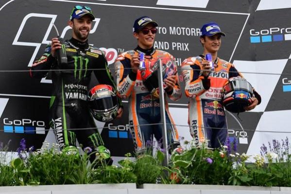 from left- Jonas Folger, Marc Marquez, Dani Pedroza 2017 German MotoGP podium