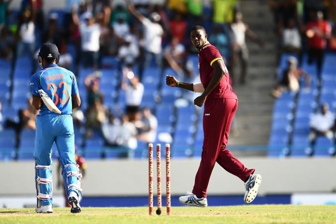 Jason Holder celebrates the wicket of Hardik Pandya, July 2, 2017 Jason Holder, West Indies, Hardik Pandya, India, 4th ODI