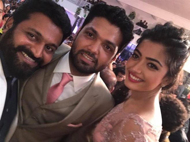 Rishab Shetty with Rakshit Shetty and Rashmika Mandanna. Rishab Shetty with Rakshit Shetty, Rashmika Mandanna