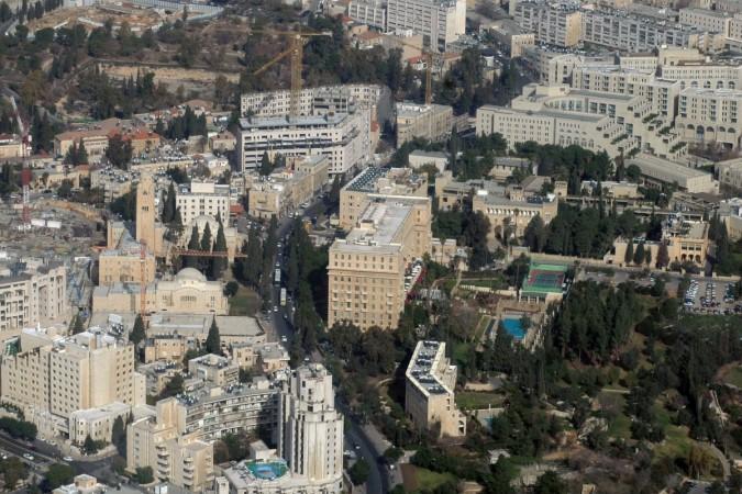 An aerial view shows West Jerusalem with the YMCA clocktower (L), King David Hotel (C), the French Consulate (R) and the Hilton (top R) on January 11, 2010. The King David Hotel
