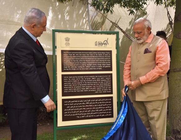 Prime Minister Narendra Modi and Israeli Prime Minister Benjamin Netanyahu unveil a plaque to commemorate Indian soldiers led by Maj Dalpat Singh who fought to liberate Haifa, in Israel on July 6, 2017. Modi in Haifa