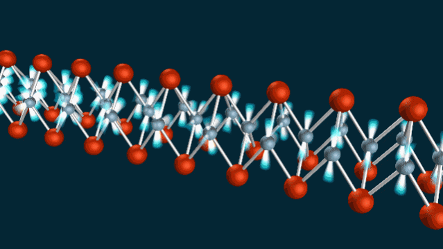 An animation shows how an infrared laser beam (orange) triggers atomic vibrations in a thin layer of iron selenide, which are then recorded by ultrafast X-ray laser pulses to create an ultrafast movie. The motion of the selenium atoms (red) changes the energy of the electron orbitals of the iron atoms (blue), and the resulting electron vibrations are recorded separately with a technique called ARPES (not shown). 28k SLAC, atom, X-ray,