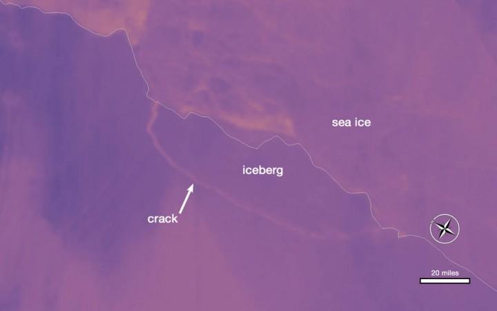 Thermal wavelength image of a large iceberg, which has calved off the Larsen C ice shelf. Darker colors are colder, and brighter colors are warmer, so the rift between the iceberg and the ice shelf appears as a thin line of slightly warmer area. Image from July 12, 2017, from the MODIS instrument on NASA's Aqua satellite. nasa, Antarctica, iceberg, climate change, global warming,