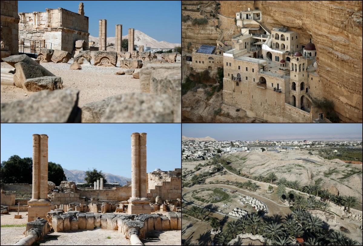 (Above L) Columns and ancient stones at the archaeological site of Hisham's Palace and (R) Greek Orthodox St. George Monastery in Wadi Qelt. (Below L) Columns and ancient stones at the archaeological site of Hisham's Palace and (R) A part of the West Bank city of Jericho. Jericho