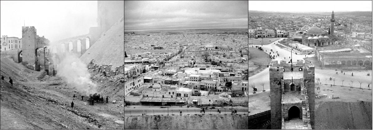 (L to R) Viaduct between the Citadel and the city of Aleppo, a general view of Aleppo also known as Halab, a city said by legend to have been founded by Abraham and a view of Aleppo from the Citadel. Aleppo