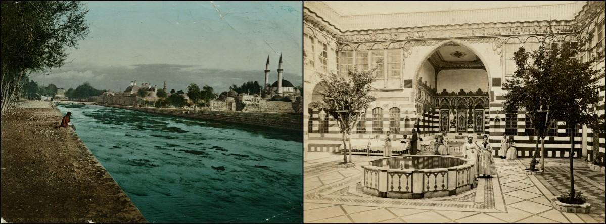 (L) A man sitting by the Barada River in Damascus, Syria, and (R) the courtyard of a Jewish household in Damascus, Syria, in 1880. Damascus in Syria