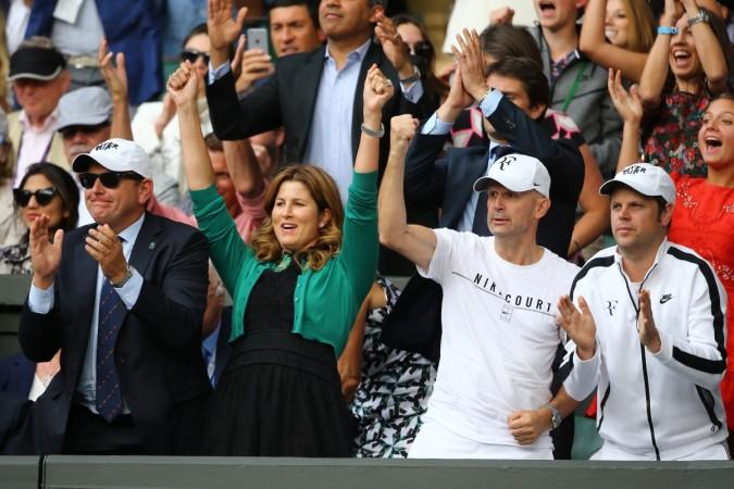 Roger Federer's wife Mirka (C) and his team celebrate his victory after his Gentlemen's Singles semi final match against Tomas Berdych of The Czech Republic on day eleven of the Wimbledon Lawn Tennis Championships at the All England Lawn Tennis and Croquet Club at Wimbledon at Wimbledon on July 14, 2017 in London, England. Mirka Federer