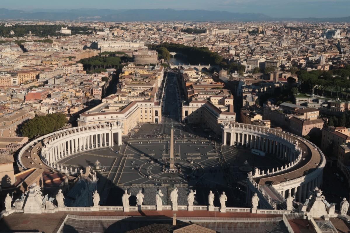 Statues on St. Peter's Basilica look down onto St. Peter's Square in Vatican City on October 27, 2016 in Rome, Italy. Rome