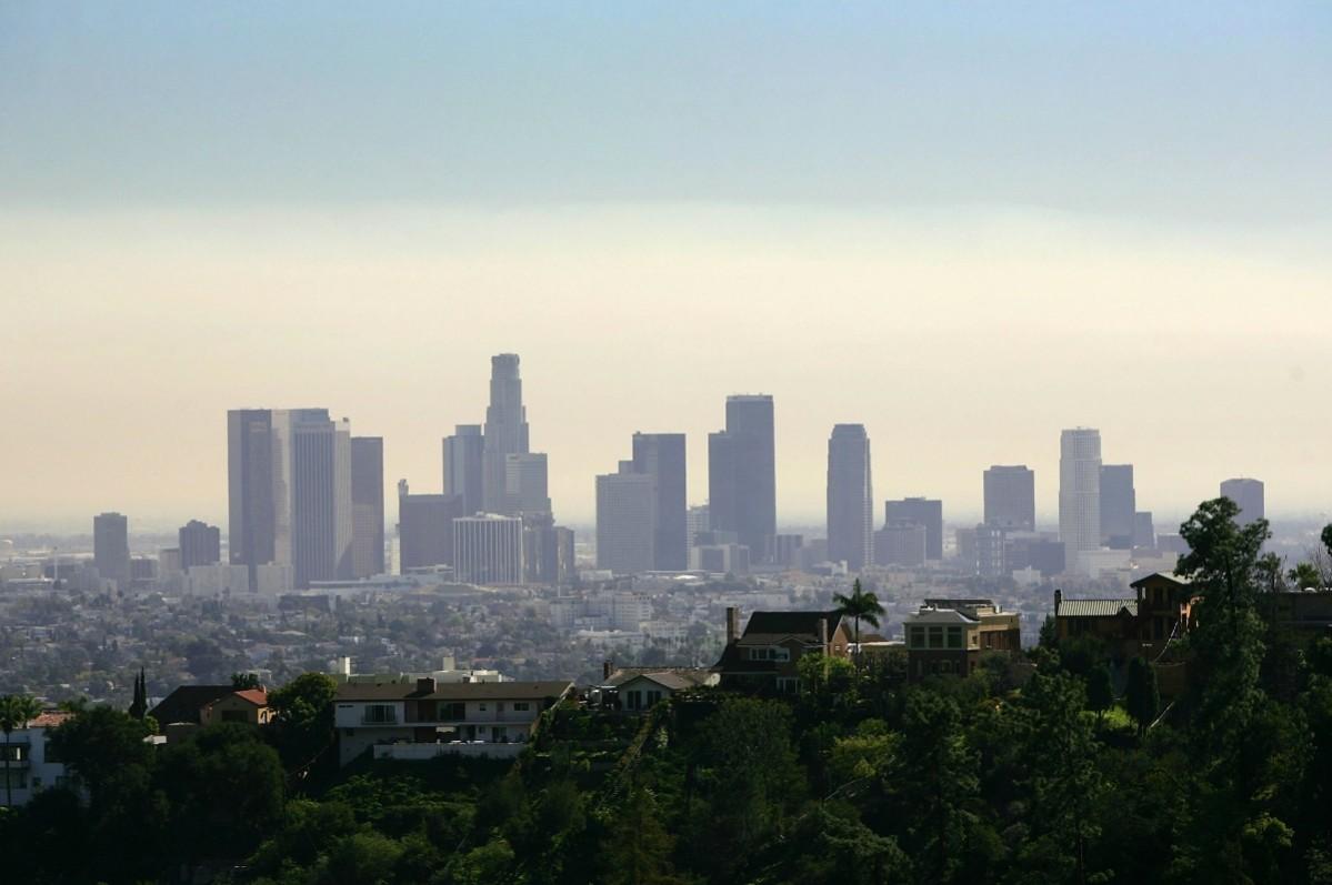 The U.S. Bank Tower, formerly known as the Library Tower, is seen as the tallest on the downtown skyline amid smoke from wildfires in Orange and Los Angeles Counties on February 9, 2006 in Los Angeles, California. Los Angeles