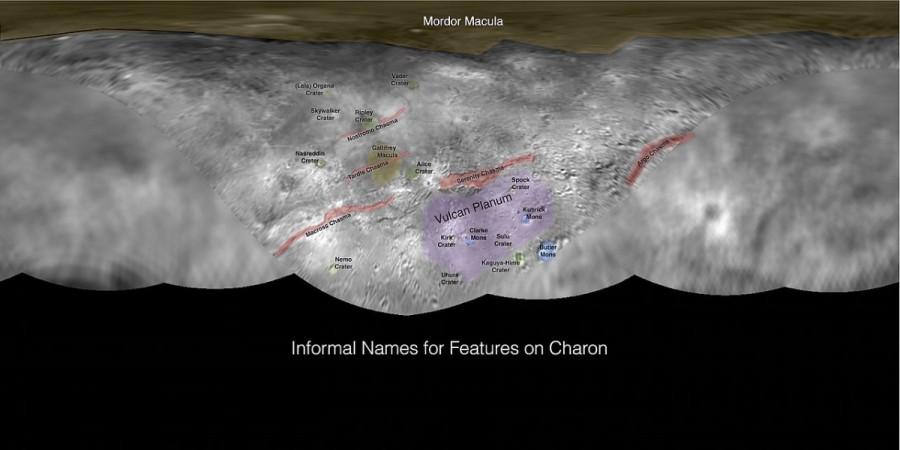 This image contains the initial, informal names being used by the New Horizons team for the features on Pluto's largest moon, Charon. nasa, Charon moon, Pluto, space,