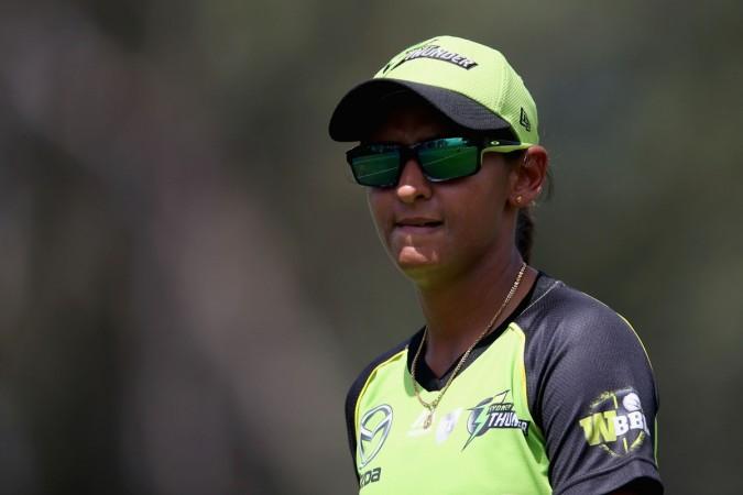 <span>Harmanpreet</span> <span>Kaur</span> of the Thunder watches on during the <span>WBBL</span> match between the Melbourne Renegades and Sydney Thunder at <span>Blacktown</span> International <span>Sportspark</span> on December 26, 2016 in <span>Blacktown</span>, Australia. Harmanpreet Kaur