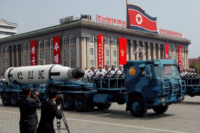 A North Korean navy truck carries the 'Pukkuksong' submarine-launched ballistic missile (SLBM) during a military parade marking the 105th birth anniversary of country's founding father, Kim Il Sung in Pyongyang, April 15, 2017. 'Pukkuksong' submarine-launched ballistic missile (SLBM)