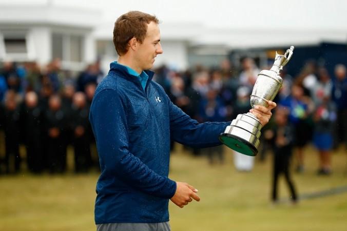 Jordan Spieth admires the Claret Jug after clinching the Open title for the first time in his career, July 23, 2017 Jordan Spieth, British Open 2017, Claret Jug, final round, Matt Kuchar