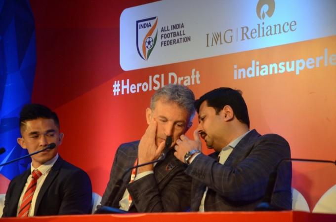 Bengaluru FC Coach Albert Roca along with footballer Sunil Chhetri during 2017 ISL player draft in Mumbai, on July 23, 2017 bengaluru fc
