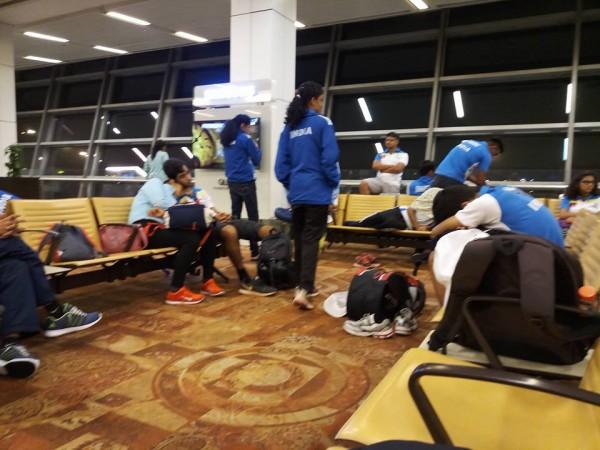 Players of the Indian contingent wait for their flight to Samsun, Turkey, at the IGI Airport in New Delhi on July 15, 2017. Indian contingent on way to Deaflympics 2017