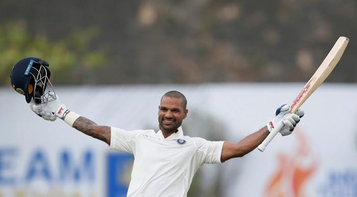 Shikhar Dhawan gets his trademark celebration out after completing a fabulous century, July 26, 2017 Shikhar Dhawan, India, Sri Lanka, 1st Test, Day 1