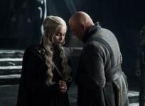 Emilia Clarke as Daenerys Targaryen with Conleth Hill as Lord Varys