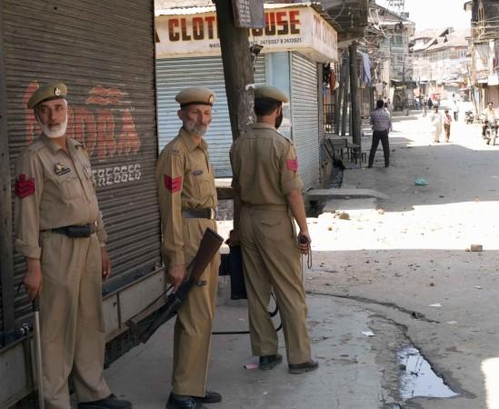 Srinagar Riot Indian Security Force standing by with tear gas Srinagar Riot Indian Security Force standing by with tear gas