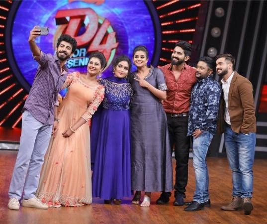 Prayaga Martin and Roshan Mathew with the team of D4 Junior vs Senior. D4 Junior vs Senior, Santhosh Pandit, Prasanna Master