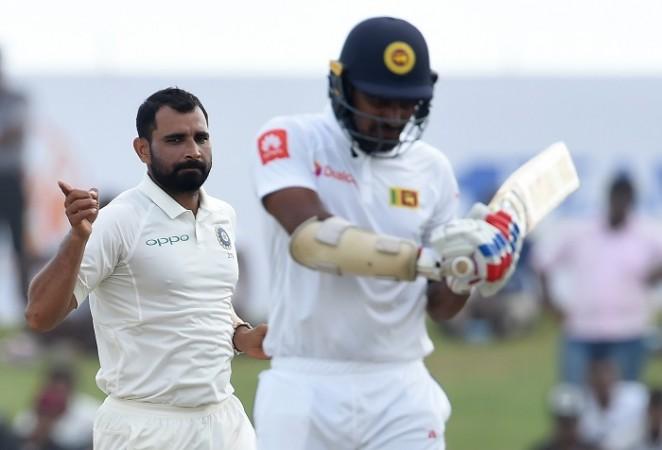 Mohammed Shami celebrates the wicket of Danushka Gunathilaka, July 27, 2017 Mohammed Shami, India, Danushka Gunathilaka, Sri Lanka, 1st Test