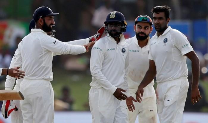 Pujara, Mukund, Kohli and Ashwin celebrate the dismissal of Niroshan Dickwella, July 27, 2017 Cheteshwar Pujara, Abhinav Mukund, Virat Kohli, R Ashwin, India