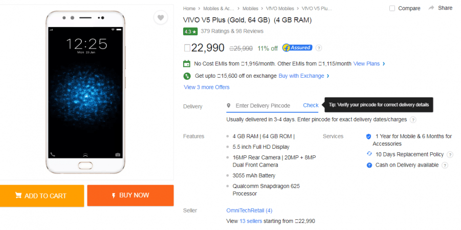 Vivo V5 Plus Gold and Matte Black variants get attractive price cuts on Flipkart Vivo V5 Plus