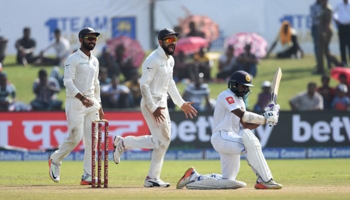 Ajinkya Rahane and Virat Kohli celebrate the wicket of Niroshan Dickwella, July 29, 2017 Ajinkya Rahane, Virat Kohli, India, Niroshan Dickwella, Sri Lanka