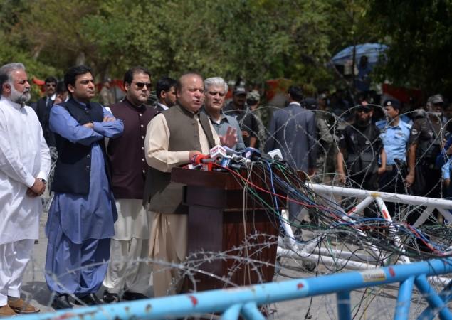 Former Pakistan Prime Minister Nawaz Sharif speaks to media after appearing before an anti-corruption commission at the Federal Judicial Academy in Islamabad on June 15, 2017. Nawaz Sharif