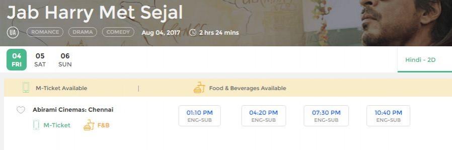 Screenshot of Jab Harry Met Sejal advance booking in Chennai Jab Harry Met Sejal advance booking in Chennai