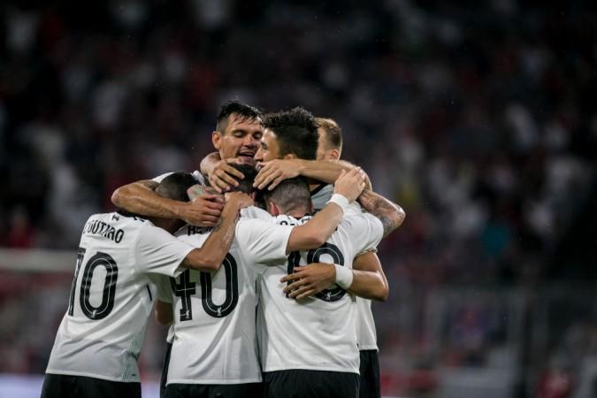 Liverpool players celebrate a goal during their Audi Cup match against Bayern Munich. Liverpool, Audi Cup final, Liverpool vs Atletico Madrid